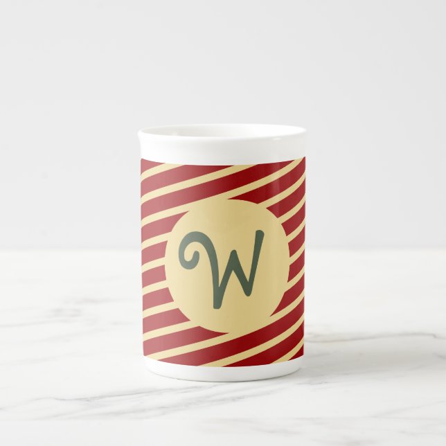 Retro Varsity Crimson Red & Cream Stripes Monogram Bone China Mug (Front)