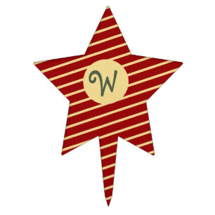 Retro Varsity Crimson Red & Cream Stripes Monogram Cake Topper