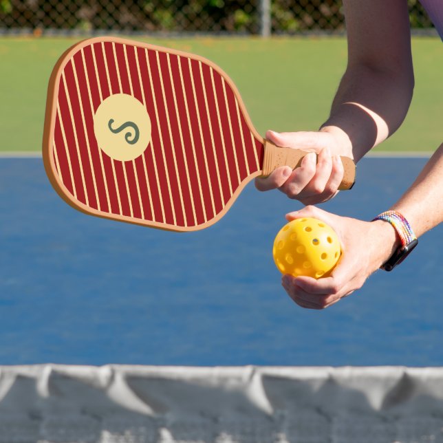 Retro Varsity Crimson Red & Cream Stripes Monogram Pickleball Paddle (Insitu)