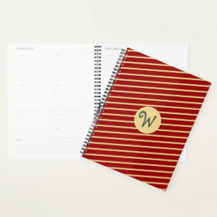 Retro Varsity Crimson Red & Cream Stripes Monogram Planner