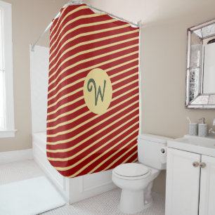 Retro Varsity Crimson Red & Cream Stripes Monogram Shower Curtain