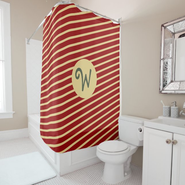Retro Varsity Crimson Red & Cream Stripes Monogram Shower Curtain (In Situ)