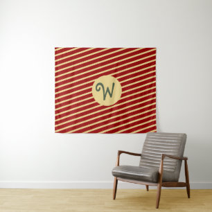 Retro Varsity Crimson Red & Cream Stripes Monogram Tapestry