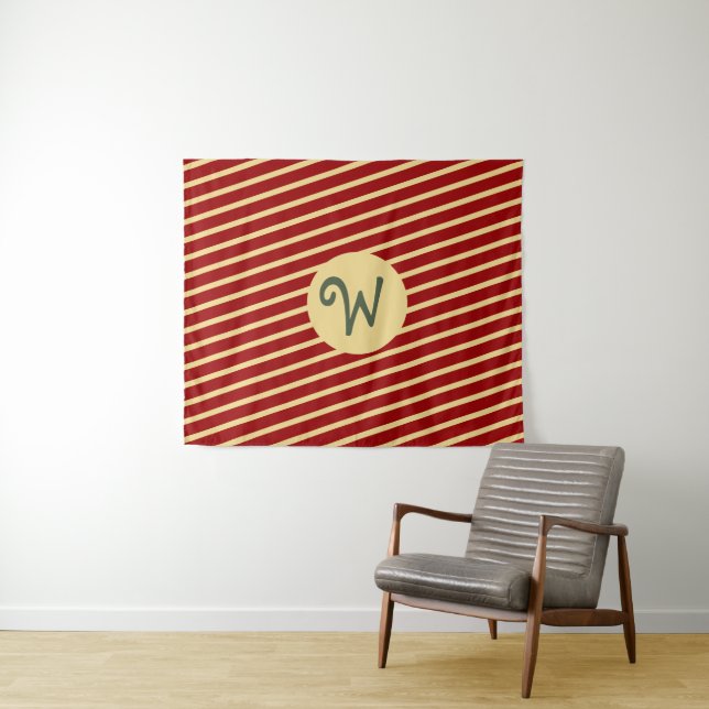 Retro Varsity Crimson Red & Cream Stripes Monogram Tapestry (In Situ (Horizontal))