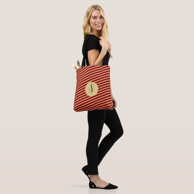 Retro Varsity Crimson Red & Cream Stripes Monogram Tote Bag (On Model)