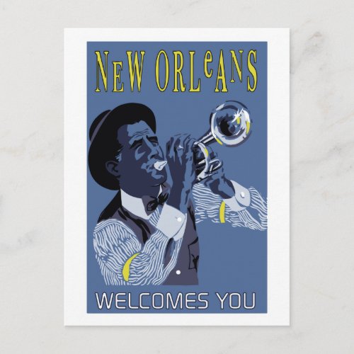 Retro vector Art New Orleans jazz trumpet player Postcard