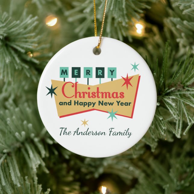 Retro Vegas Style Merry Christmas Family Name Ceramic Ornament (Tree)