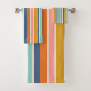Retro vertical orange blue and yellow pink stripes bath towel set