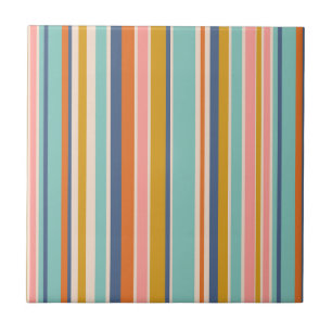Retro vertical orange blue and yellow pink stripes ceramic tile