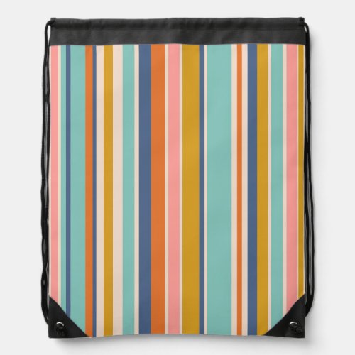 Retro vertical orange blue and yellow pink stripes drawstring bag