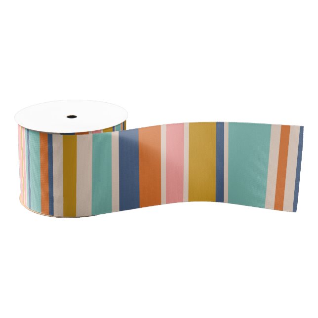 Retro vertical orange blue and yellow pink stripes grosgrain ribbon (Spool)