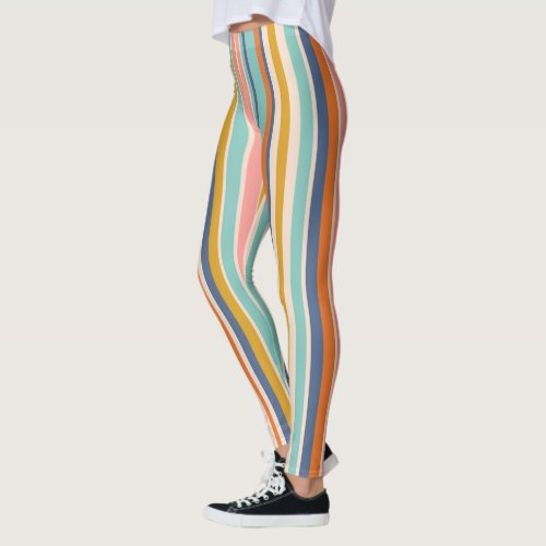 Retro vertical orange blue and yellow pink stripes leggings