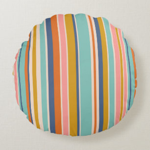 Retro vertical orange blue and yellow pink stripes round pillow