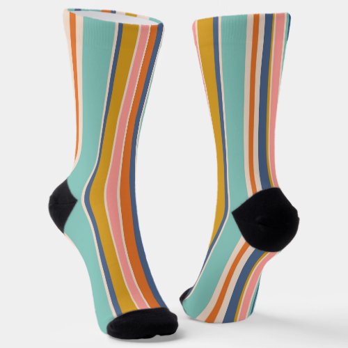 Retro vertical orange blue and yellow pink stripes socks