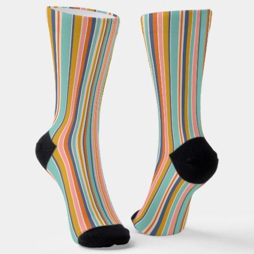 Retro vertical orange blue and yellow pink stripes socks