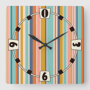 Retro vertical orange blue and yellow pink stripes square wall clock