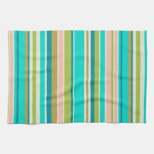 Retro vertical pink turquoise and peach stripes kitchen towel