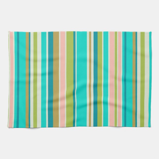 Retro vertical pink turquoise and peach stripes kitchen towel (Horizontal)