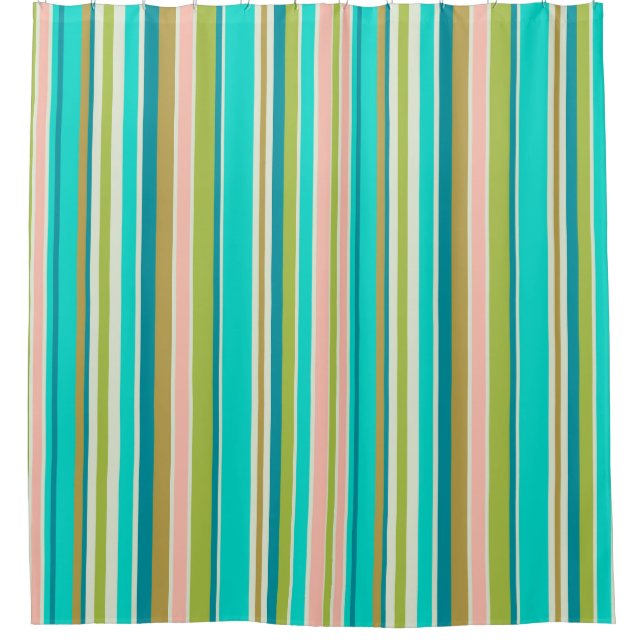 Retro vertical pink turquoise and peach stripes shower curtain (Front)