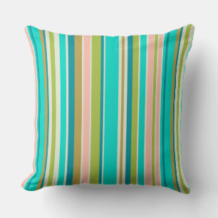 Retro vertical pink turquoise and peach stripes throw pillow