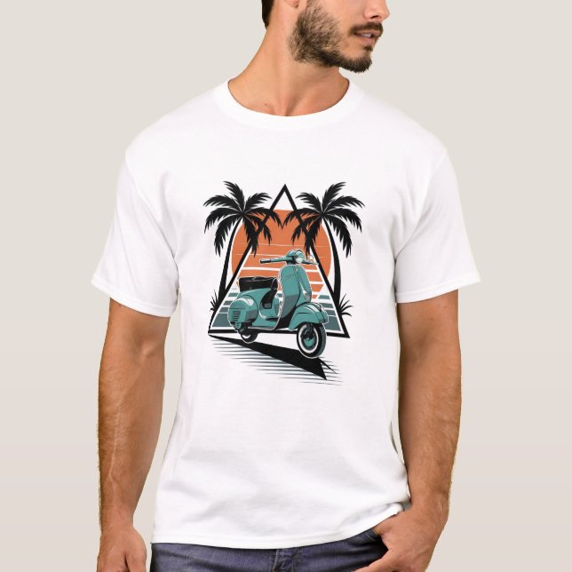Retro Vespa Sunset – Tropical Scooter Illustratio T-Shirt (Front)