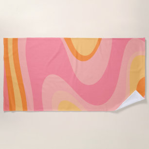 Retro Vibe Abstract Swirl 60s 70s Pink and Orange Beach Towel