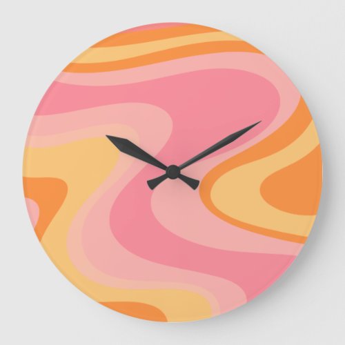 Retro Vibe Abstract Swirl 60s 70s Pink and Orange Large Clock