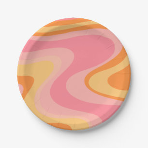 Retro Vibe Abstract Swirl 60s 70s Pink and Orange Paper Plates