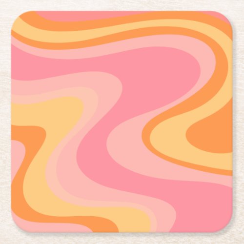 Retro Vibe Abstract Swirl 60s 70s Pink and Orange Square Paper Coaster