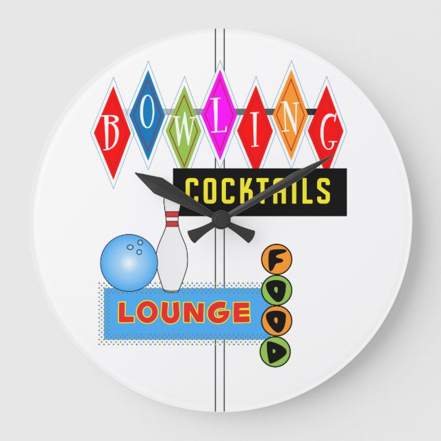 Retro Vibe Bar Lounge Sign Bowling Round Large Clock (Front)