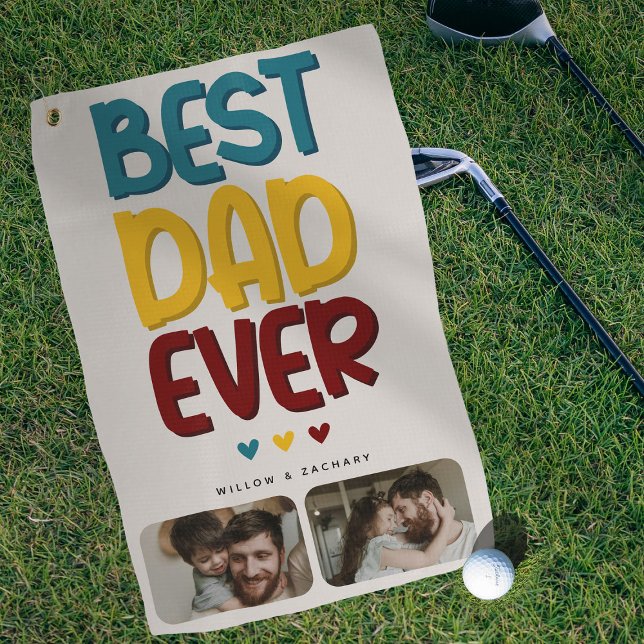 Retro Vibe 'Best Dad Ever' 2 Photo Collage Golf Towel (Creator Uploaded)
