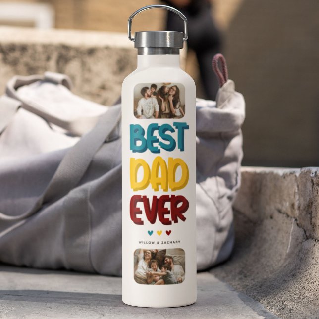 Retro Vibe 'Best Dad Ever' 2 Photo Collage Water Bottle (Creator Uploaded)