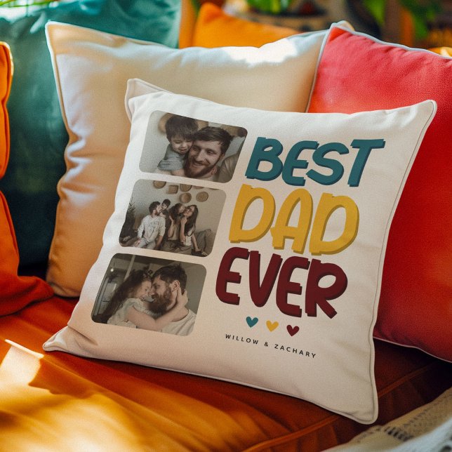 Retro Vibe 'Best Dad Ever' 3 Photo Collage Throw Pillow (Creator Uploaded)