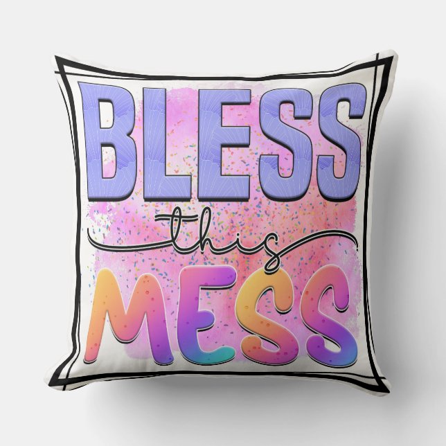 Retro Vibe Bless This Mess Throw Pillow (Front)