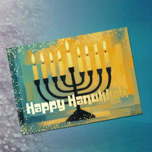 Retro Vibe Hanukkah Menorah Glitter Edge Foil Holiday Card