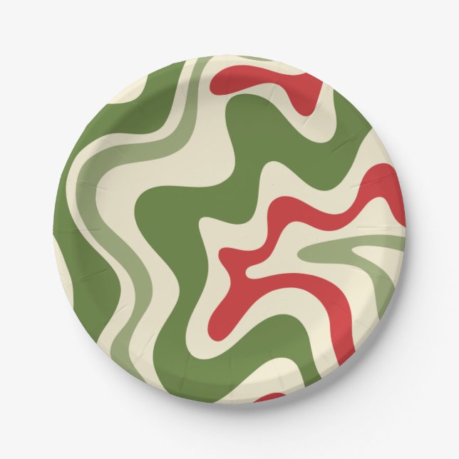 Retro Vibe Liquid Swirl Abstract Christmas Pattern Paper Plates (Front)