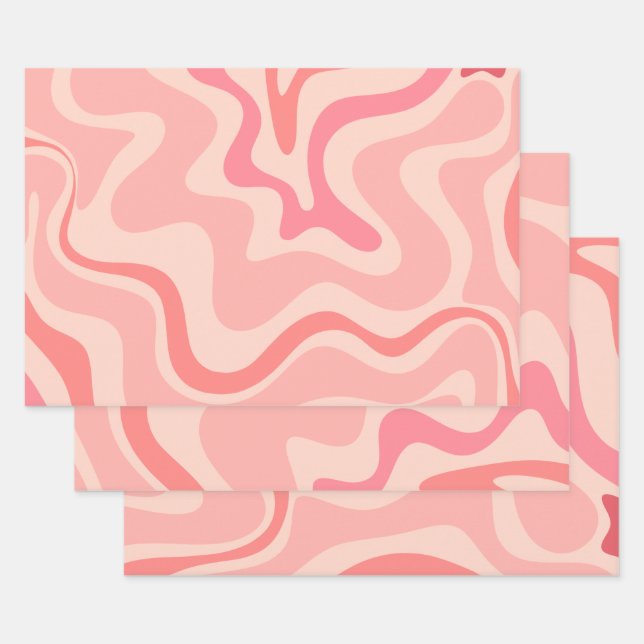Retro Vibe Liquid Swirl Abstract Pattern in Pink Wrapping Paper Sheets (Set)