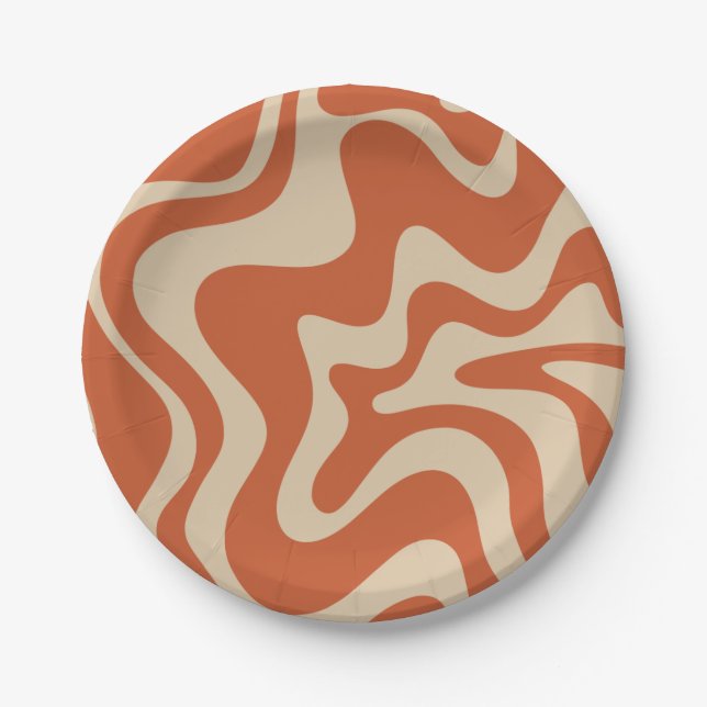 Retro Vibe Liquid Swirl Abstract Pattern Orange Paper Plates (Front)