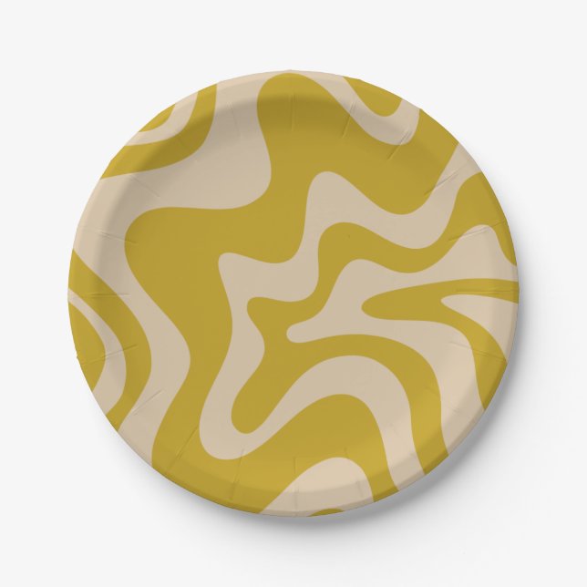 Retro Vibe Liquid Swirl Pattern in Mustard Yellow Paper Plates (Front)