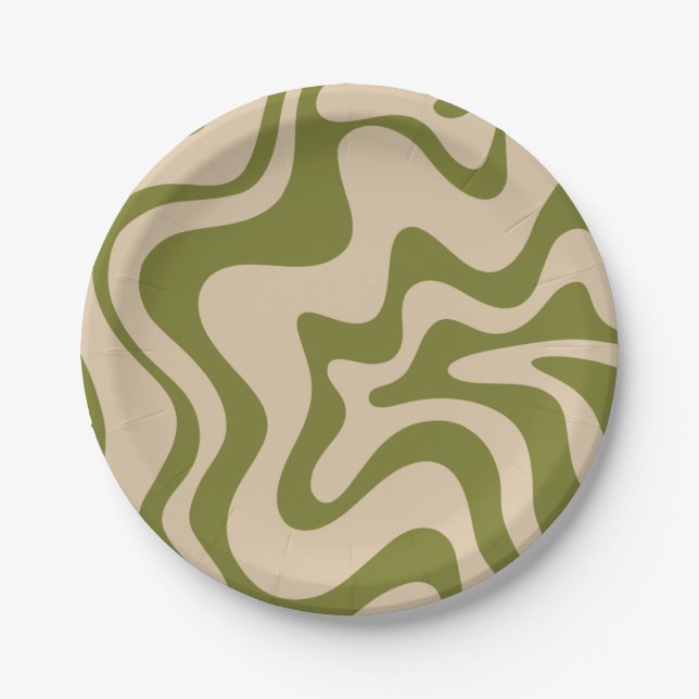 Retro Vibe Liquid Swirl Pattern in Olive Green Paper Plates (Front)