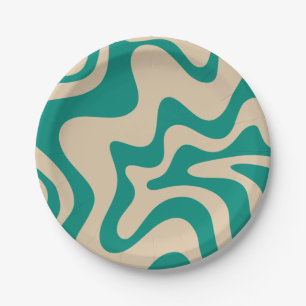 Retro Vibe Liquid Swirl Pattern in Teal and Beige Paper Plates