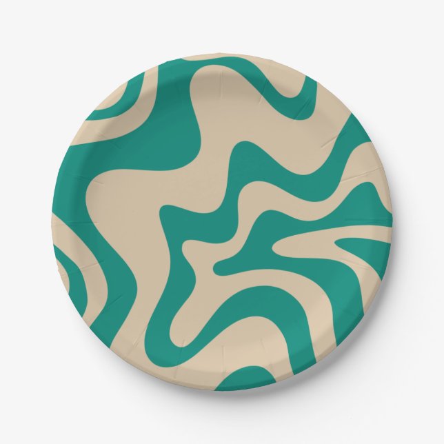 Retro Vibe Liquid Swirl Pattern in Teal and Beige Paper Plates (Front)
