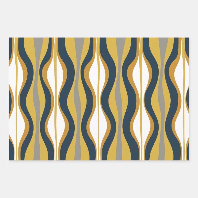 Retro Vibe Mustard Navy Blue Gray Wrapping Paper Sheets (Front)