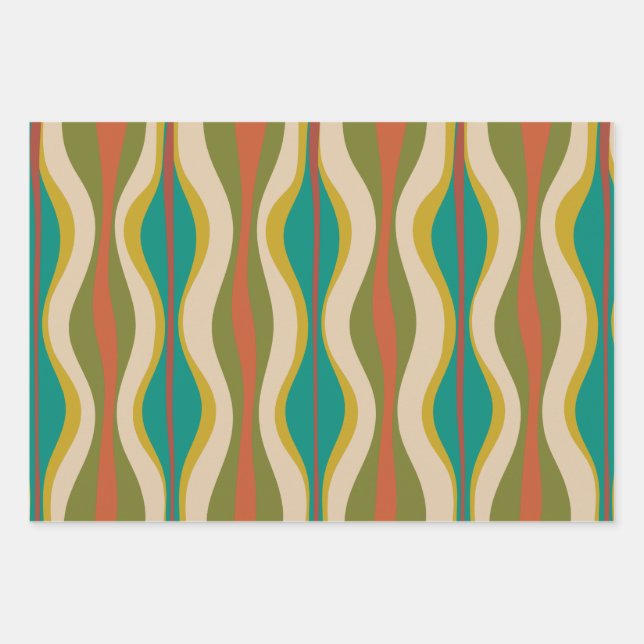 Retro Vibe Patterns in Midcentury Modern Colours Wrapping Paper Sheets (Front)
