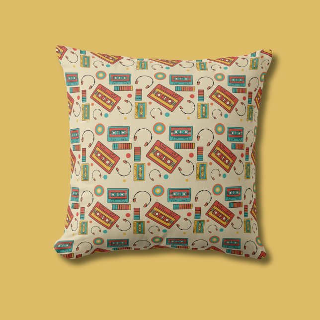 Retro Vibes - 1980s Cassette Tapes Pattern Throw Pillow (Creator Uploaded)