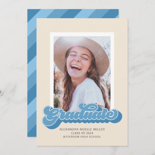 Retro Vibes Blue Photo Graduation Announcement