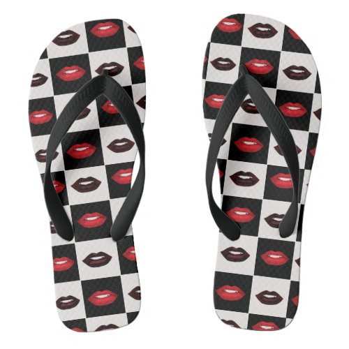 Retro Vibes Checkerboard Hot Red Lips Pattern Flip Flops