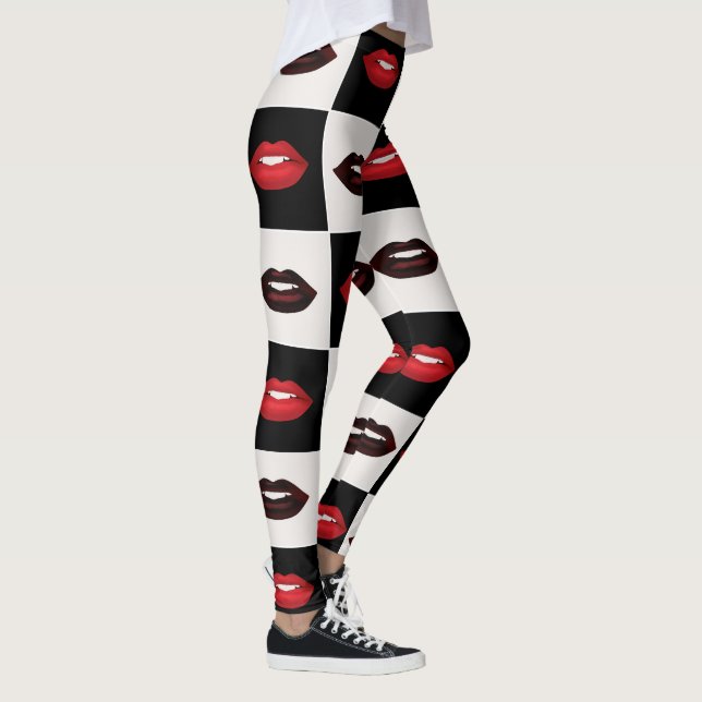 Retro Vibes Checkerboard Hot Red Lips Pattern Leggings (Right)