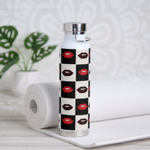 Retro Vibes Checkerboard   Red Lips Water Bottle