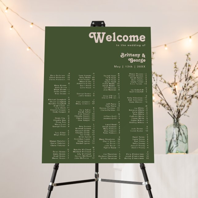 Retro Vibes Olive Green Alphabetical Seating Chart Foam Board (In Situ (Stand))